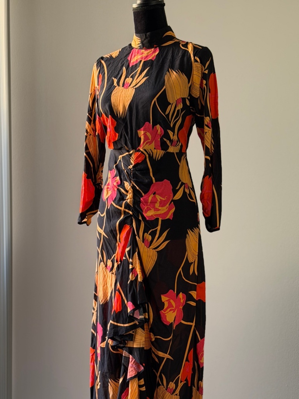 RIXO Black Maxi Dress with Pink & Gold Floral Print